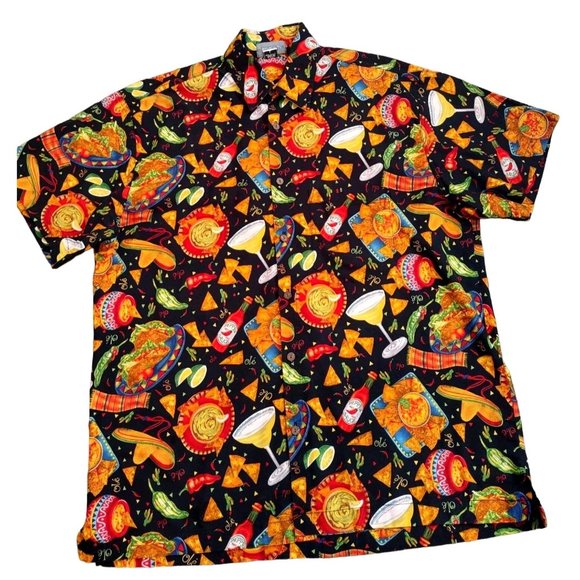 Men's Hawaiian Tiki FIESTA MARGARITA HOT SAUCE TACOS  Mexican Party Shirt Large - Picture 1 of 6